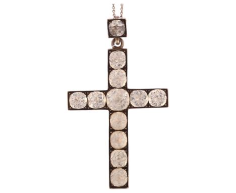 A large Georgian silver and paste cross pendant necklace, circa 1810, on later fine silver belcher link chain, pendant height