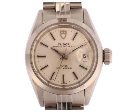 TUDOR - a stainless steel Princess Oysterdate automatic bracelet watch, ref. 92400, circa 1978, silvered dial with applied ba