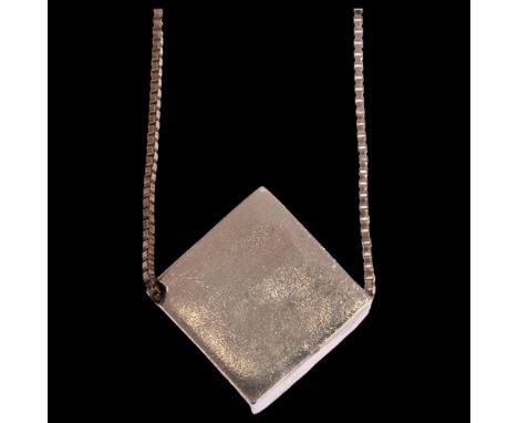 A Danish silver cube design pendant with sterling silver box link chain, cube marked 925, cube 15mm across, 8.7gNo damage or 