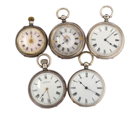 5 Continental silver fob watches, including Waltham example, largest case width 38mm (5)Lot sold as seen unless specific item