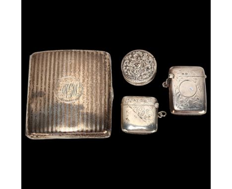 A group of 4 silver Vesta cases, pillbox and cigarette case, 4.98oz gross 