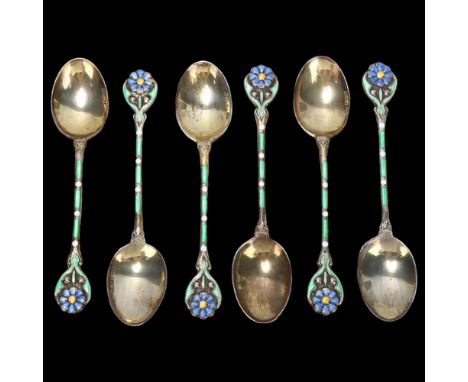 Cased set of George V silver and coloured enamel teaspoons, Birmingham 1931Very good condition, no enamel damage 