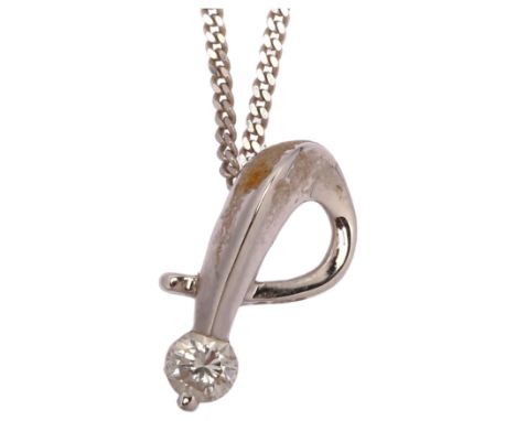 An 18ct white gold 0.2ct diamond abstract pendant necklace, on 18ct fine flat curb link chain, pendant height 15.7mm, chain 4