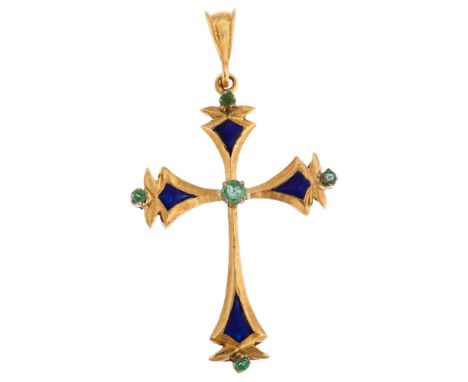 A Continental 18ct gold emerald and blue enamel cross drop pendant, height 48.1mm, 5.6gNo damage or repair, all stones presen