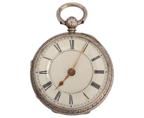 A 19th century silver open-face key-wind pocket watch, cream enamel dial with Roman numeral hour markers and floral engraved 