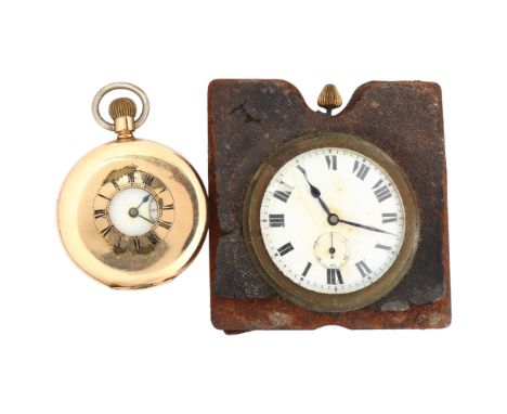 An early 20th century gold plated half hunter keyless pocket watch, and a leather-cased travelling clock, both not currently 