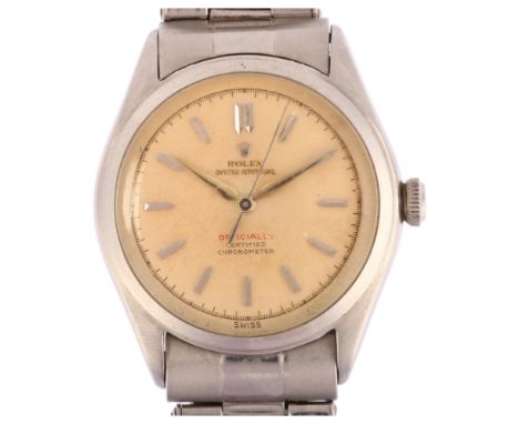 ROLEX - a stainless steel Oyster Perpetual 'Bubble-Back' automatic bracelet watch, ref. 6106, circa 1952, white dial with app