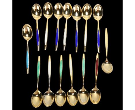 MEKA - 15 gilded sterling and coloured enamel teaspoons 