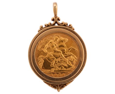 An Elizabeth II 1982 gold half sovereign coin, in 9ct pendant mount, height 33.5mm, 6.8gNo damage or repair, light wear to hi