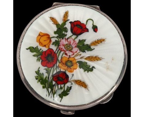Elizabeth II circular silver and enamel compact, floral painted lid, London 1961, 7cm acrossVery good condition, no enamel da