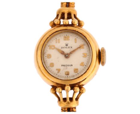 ROLEX - a lady's 18ct gold Precision mechanical cocktail bracelet watch, circa 1950s, silvered dial with applied gilt Arabic 