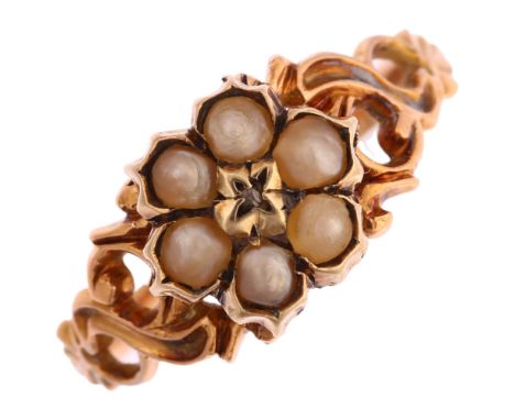 A 19th century diamond and split pearl mourning ring, unmarked gold settings with central flowerhead cluster and pierced foli