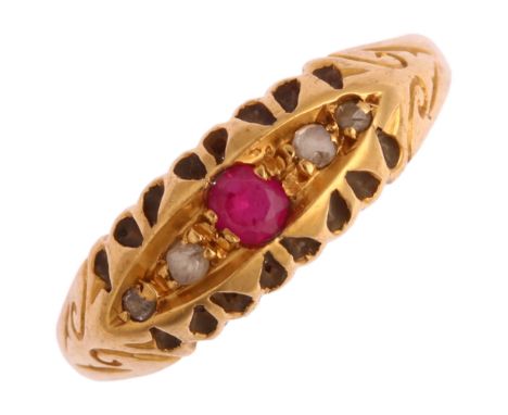 An early 20th century 18ct gold five stone ruby and diamond half hoop ring, set with round-cut ruby and rose-cut diamonds, ma