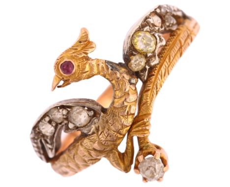 An Austro-Hungarian gold ruby and diamond figural phoenix bird ring, set with cabochon ruby eye and old-cut diamonds, maker's