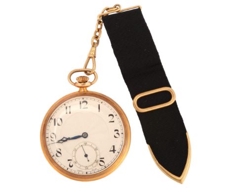 An Art Deco style 9ct rose gold open-face keyless pocket watch, silvered dial with hand painted Arabic numerals, blued steel 