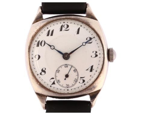 An early 20th century silver cushion-cased mechanical wristwatch, circa 1920s, white enamel dial with hand painted Arabic num