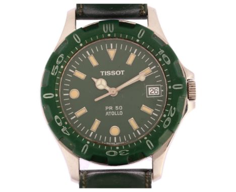TISSOT - a stainless steel Atollo PR50 quartz wristwatch, ref. J185/285K, circa 1999, green dial with luminous dot and baton 