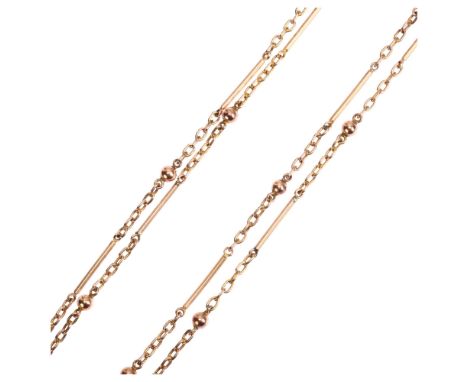 An 18ct rolled gold fancy link long guard chain, with gold plated dog clip, length 152cm, 19.3gNo damage or repair, no broken