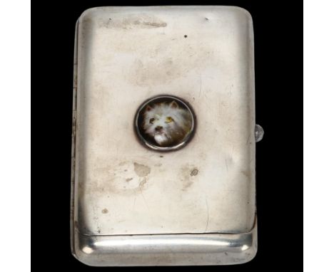 A William Essex silver and enamel cigarette case, with inset portrait of a Terrier, William Summers, London 1887, 2.86oz, 9cm