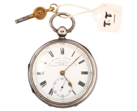 An early 20th century silver open-face key-wind pocket watch, by Kendal & Dent of London, Birmingham 1914, white enamel dial 