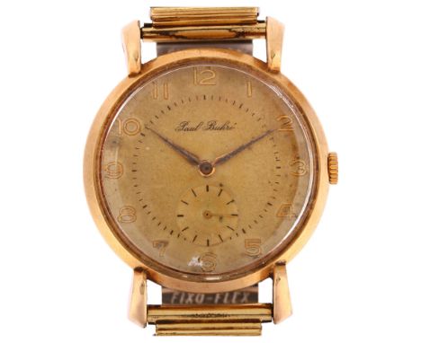 PAUL BUHRE - a 9ct gold mechanical bracelet watch, circa 1950s, silvered dial with applied gilt Arabic numerals and subsidiar