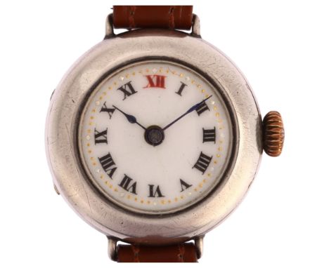 A First World War Period silver Officer's trench style mechanical wristwatch, circa 1918, white enamel dial with hand painted