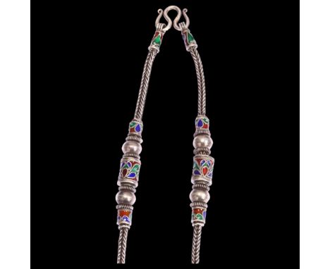 A silver and champleve enamel woven link necklace, marked 925, length 72cmAll in good condition, no damage or repairs 