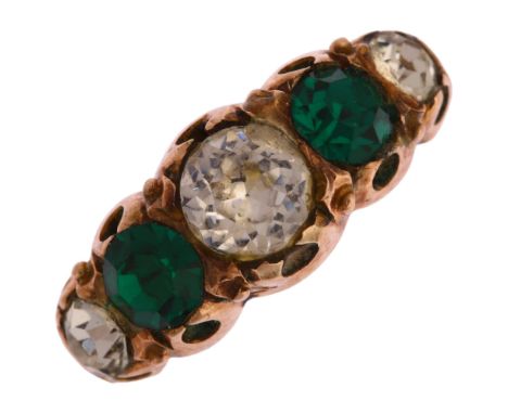A Victorian 9ct gold graduated five stone paste half hoop ring, maker AD, Birmingham 1898, setting height 8.8mm, size R, 2.8g