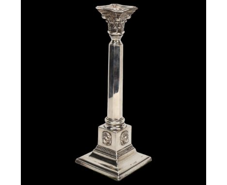 George V silver table candlestick, with hexagonal column and lion mask mounted base, London 1929, indistinct maker's mark, he