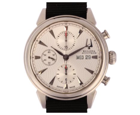 BULOVA - a stainless steel Accutron automatic calendar chronograph wristwatch, ref C869882, silvered dial with arrowhead hour