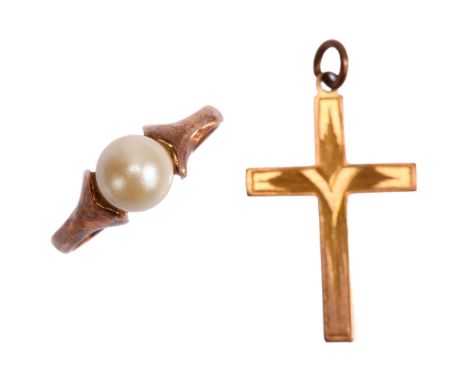 A 9ct gold cultured pearl ring, and 9ct cross pendant, ring size M, 3.6g total (2)No damage or repair, only general surface w