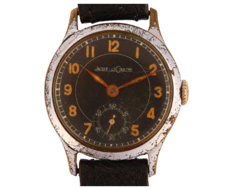 JAEGER LECOULTRE - a chrome plated stainless steel military style mechanical wristwatch, circa 1940s, black dial with Arabic 