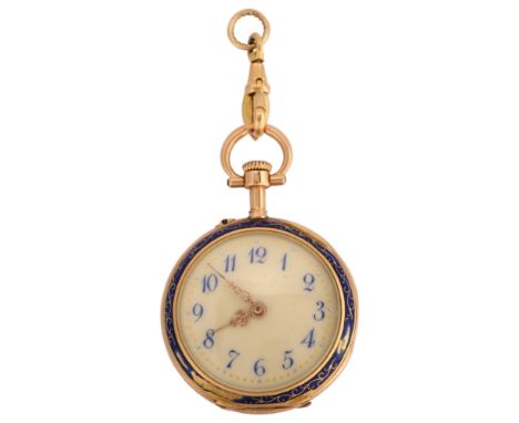 A Continental gold diamond and blue enamel fob dress watch, cream enamel dial with hand painted blue Arabic numerals, blue gu