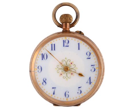 A Continental 9ct rose gold open-face keyless fob watch, circa 1900, white enamel dial with hand painted blue Arabic numerals
