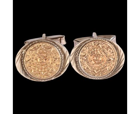 Mexican sterling silver and 10k gold inlaid cufflinks, with Mayan design, length 22mm, 14g totalGood condition 