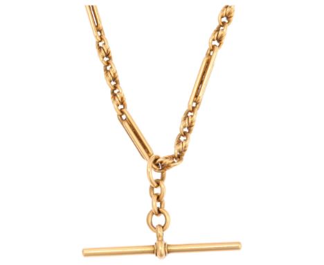 An early 20th century 18ct gold fancy link Albert chain necklace, with 18ct T-bar slider, dog clip and bolt clasp, maker WDR,