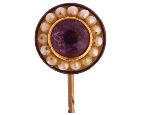A Victorian amethyst pearl and blue enamel stickpin, unmarked gold settings, head 14.4mm, overall 72.6mm, 4gNo damage, a few 