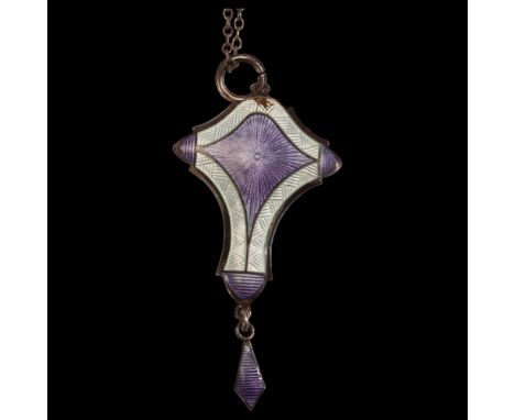 A George V Art Nouveau silver lilac and white enamel drop pendant and chain, maker's mark JA&S, Birmingham 1915, length exclu