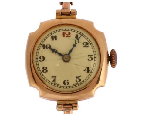 BERNEX - an early 20th century lady's 9ct rose gold mechanical bracelet watch, white enamel dial with hand painted Arabic num