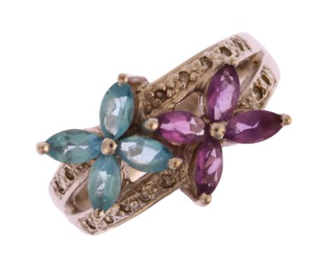 A modern 9ct white gold amethyst blue topaz and diamond flowerhead ring, setting height 12mm, size Q, 4.3gNo damage or repair