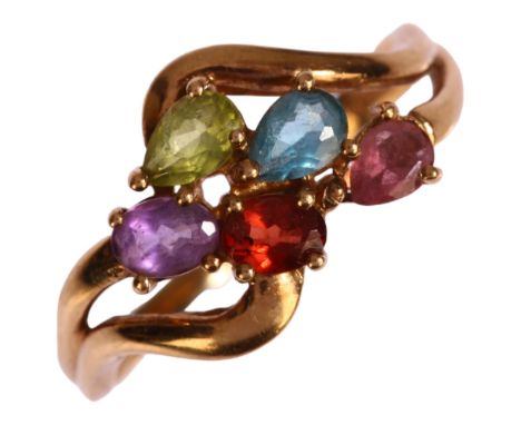 A modern 9ct gold gem set ring, setting height 10.5mm, size O, 2.2gNo damage or repair, all stones present, hallmarks clear, 