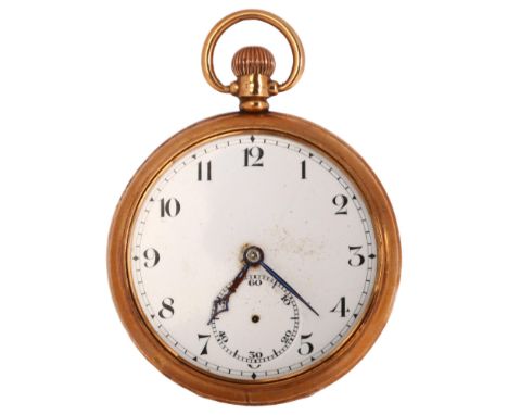 An early 20th century 9ct gold open-face keyless pocket watch, white enamel dial with Arabic numerals, blued steel hands and 
