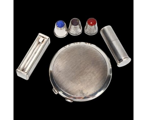 George VI engine turned compact, a similar silver plated lipstick, another in silver, and 3 silver and stone set thimbles (6)