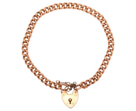 An early 20th century 9ct rose gold curb link chain bracelet, with 9ct heart padlock clasp, engraved "Exmouth 1911", maker EP