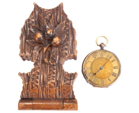A Continental 18ct gold open-face key-wind slimline pocket watch, circa 1900, floral engraved gilded dial with Roman numeral 
