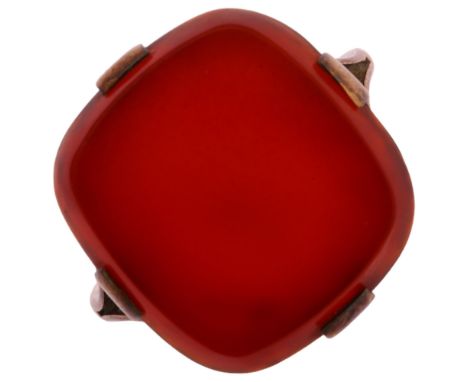 An early 20th century carnelian signet ring, unmarked rose gold settings, carnelian 17.4 x 16.3mm, size approx K, 4.2gMount i