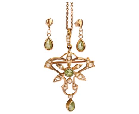 An Edwardian 9ct gold peridot and pearl openwork pendant necklace, with later pair of 9ct and peridot drop earrings, pendant 