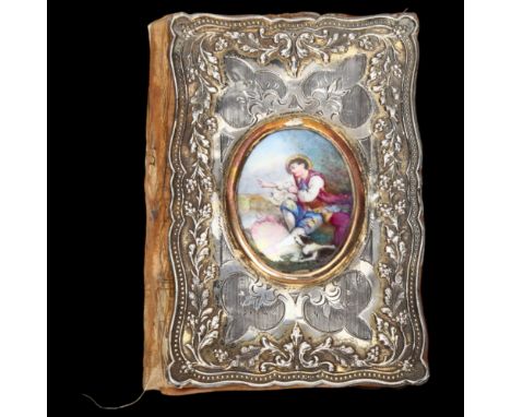 French unmarked white metal sewing purse, the lid having hand painted enamel panel, watered silk interior, circa 1900, 9.5cm 