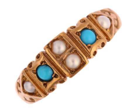 An early 20th century 18ct gold turquoise and pearl dress ring, indistinct hallmarks, setting height 6mm, size M, 1.9gRing ha