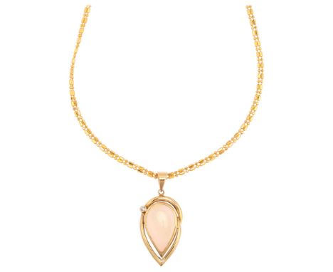 A 14ct gold opal and diamond pear-drop pendant necklace, on 22ct fancy link chain, set with pear cabochon opal and modern rou